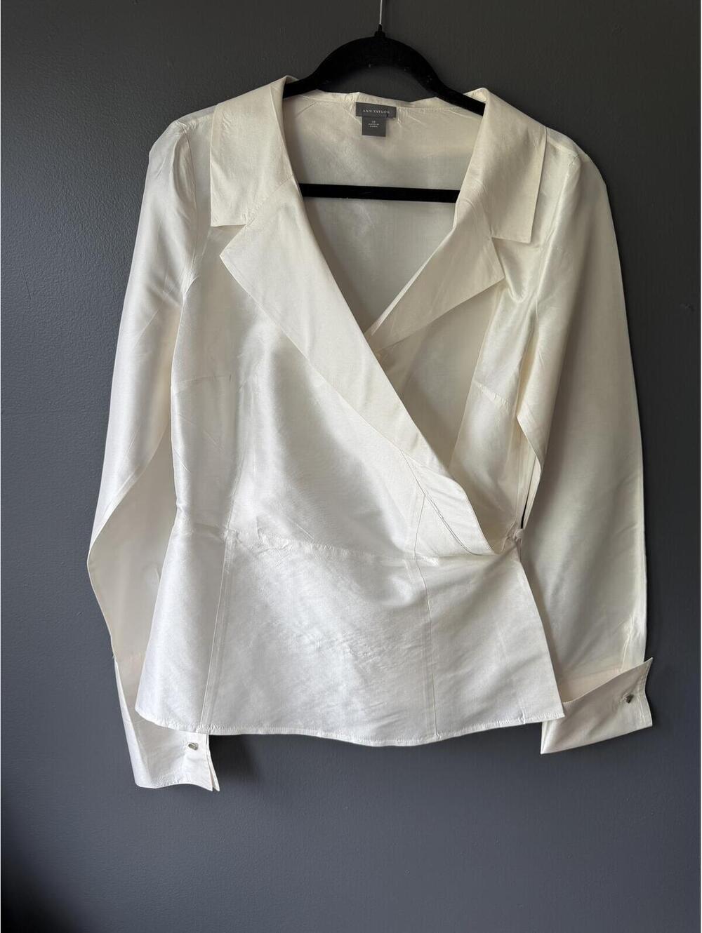 Ann Taylor White 100% Silk Wrap Blouse Size 10